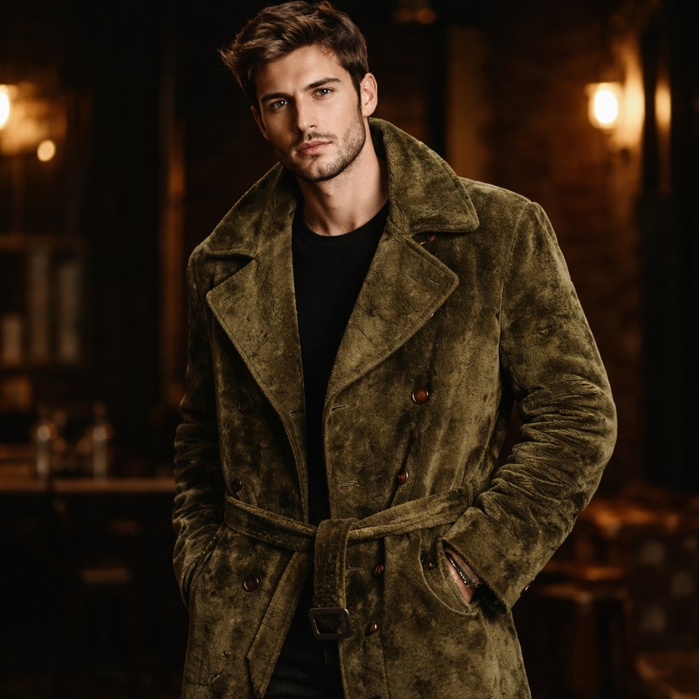 JC DE CASTELBAJAC Designer Faux Fur Trench Coat Men’s SIZE EU 52 LARGE Military